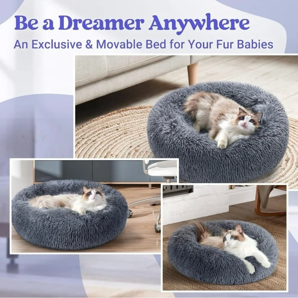 Fluffy Donut Shaped Pet Dog Cat Bed Plush Soft Warm Calming Sleeping Bed 20 inch